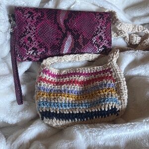 Crochet Stripe Bag in Beige with Multicolor Accents & Faux snake skin wristlet